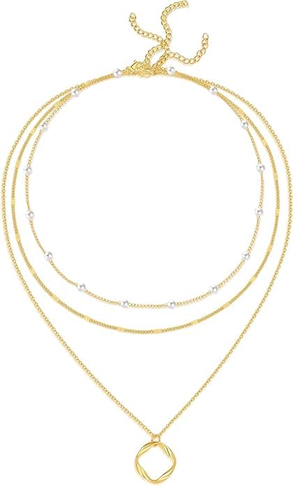 Evabelle Gold Layered Necklace for Women Trendy Jewelry 14K Real Gold Plated Chunky Chain Stackable Necklaces Dainty Choker Necklaces Rectangle Square Pendant - color: Gold Necklace 33