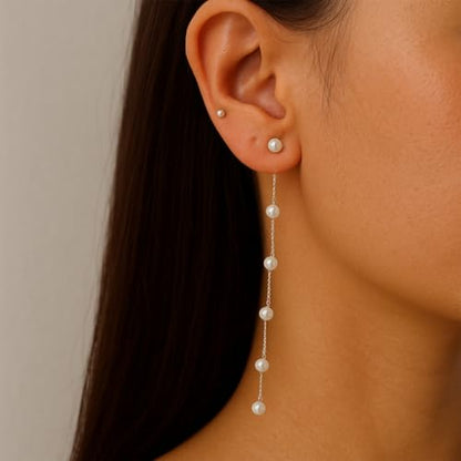 HAXIYA Gold Pearl Y-Shaped Necklace for Women Layered Lariat Long Pendant | 14K Gold Plated/Sterling Silver Dainty Drop Chain Layered Pearl/Beaded Necklaces Simple Gold Jewelry for Women - color: Pearl Set - Silver