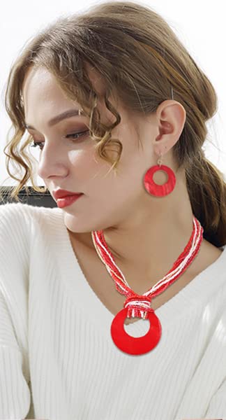 Coiris Multi Strand Statement Colorful Beaded Necklace with Big Circle Shell Pendant for Women - color: Red
