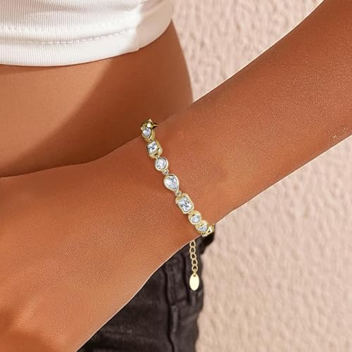 Bracelet for Women, Gold Plated 5A Cubic Zirconia Bracelets Adjustable Teardrop Square Triplet April Birthstone Jewelry - color: triplet-gold plated