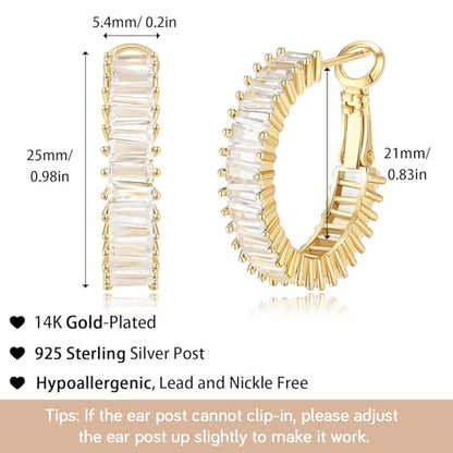 Trendy 14K Gold Plated Hoop Earrings for Women, Chunky Gold/Silver Earrings for Women Cubic Zirconia Baguette Hoop Earrings Heart Hoops Lightweight Hypoallergenic Jewelry,25mm/35mm/40mm/50mm - color: 01 Gold CZ Hoops 25mm
