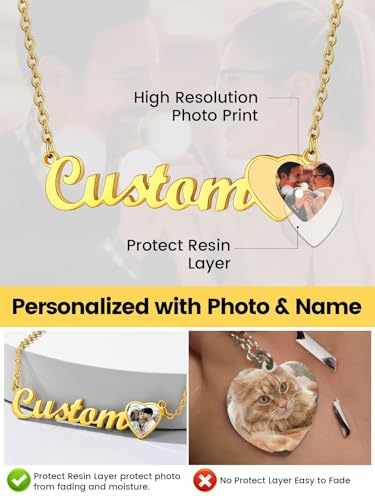 GoldChic JEWELRY Name Necklace Personalized for Men, Womens Custom Name Plate Chain, Stainless Steel Customized Old English Nameplate Choker with Curb Chains Custom, 16 inches to 30 inches - color: Photo & Rolo Chain 1.8 mm -Gold