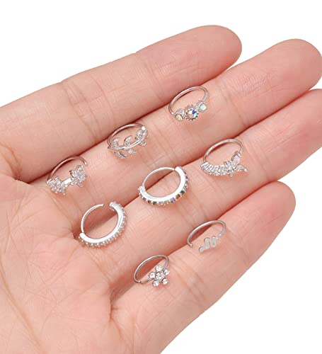 Akeoqi 29Pcs 20G Nose Ring Studs Nose Ring Hoops Stainless Steel L Bone Screw Shape CZ Butterfly Snake Star Heart Moon Shape Nose Piercing Jewelry for Women Silver Tone - style: B:29Pcs(Moon)