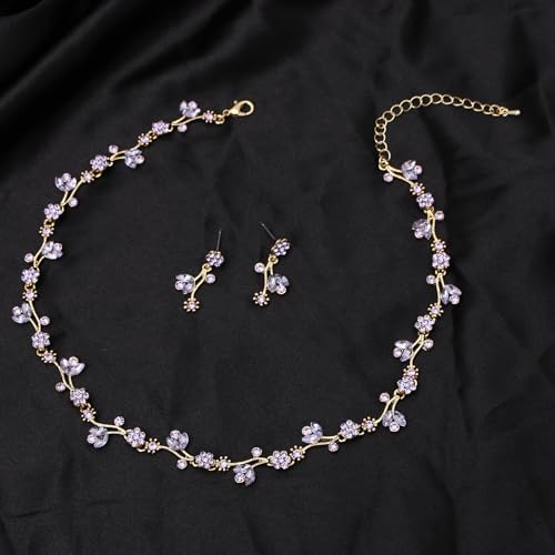 Elegant Brides Austrian Crystal Flower Choker Necklace Drop Dangle Earring Bracelet Wedding Jewelry Set for Bridesmaid Prom Costume Jewelry Set for Women - color: Violet-Gold Plated