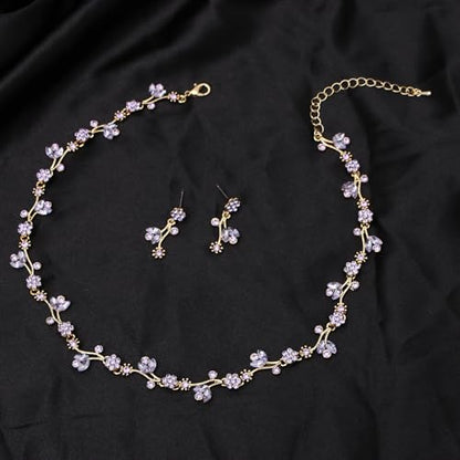 Elegant Brides Austrian Crystal Flower Choker Necklace Drop Dangle Earring Bracelet Wedding Jewelry Set for Bridesmaid Prom Costume Jewelry Set for Women - color: Violet-Gold Plated