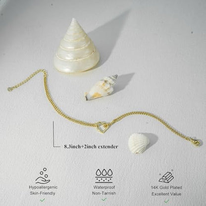 Bheop Ankle Bracelets for Women 14K Gold Silver Plated Waterproof Anklets | Evil Eye Pearl Heart Conch Shell Charm, Boho Adjustable Foot Chain, Dainty Summer Beach Jewelry Gifts, Non Tarnish - color: GD-Heart