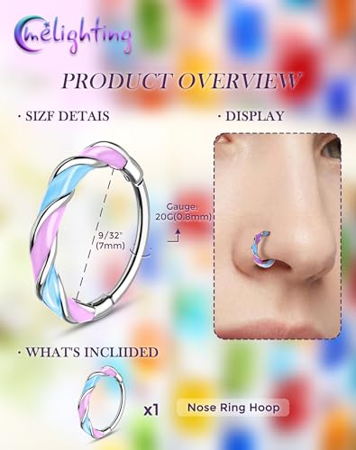 Melighting 20G Twist Nose Ring Hoop Stainless Steel 316L Piercing Jewelry | 7/8 mm Nose Piercing Jewelry, Cute Hinged Segment Clicker Lobe Helix Daith Cartilage Earring for Women - color: Steel PBL, size: 20g7mm