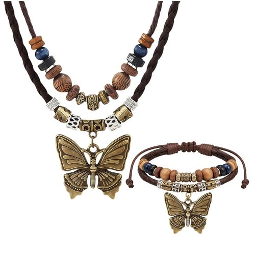 Boho Jewelry for Women, Vintage Pendant Necklace, Wooden Beads Layered Braided Choker, Tribal Leather Rope Bracelet and Earrings, Statement Bohemian Accessories - color: Butterfly set