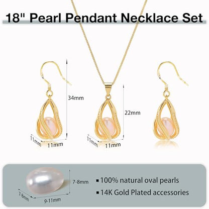 Pearl Jewelry Set For Women S925 Sterling Silver/14K Gold Plated Necklace & Earrings Set Freshwater Pearl Pendant Cage Set for Wedding Anniversary Prom Birthday Gift - color: Golden-Pink