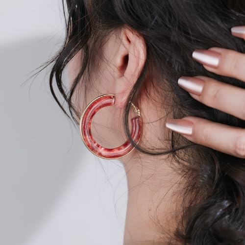 Chunky Gold Resin Hoop Earrings Leverback Statement Huggie Hoops Dangle Drop Dressy Earring Prom Festival Vacation Jewelry for Women - color: Burgundy, size: Hoop