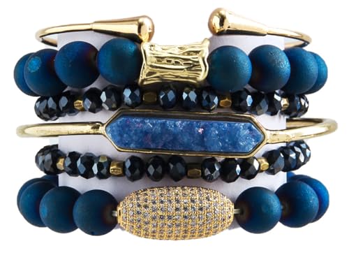Yomisa Boho Beaded Bracelets/Bangle for Women,Multilayer 5/6/7PCS Healing Natural Handmade Stone Bead Bracelets Stackable Stretch Friendship Beaded Bracelet Set Trendy Western Bohemian Jewelry Gift - color: 6pcs-Blue