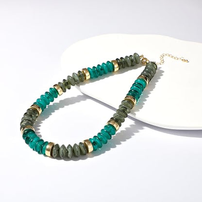 RISHEGAE Chunky Beaded Necklace for Women Boho Resin Beaded Choker Necklace Adjustable Surfer Beach Strand Necklaces Gold Handmade Acrylic Beads Jewelry Gift for Women - color: Style 1dark green