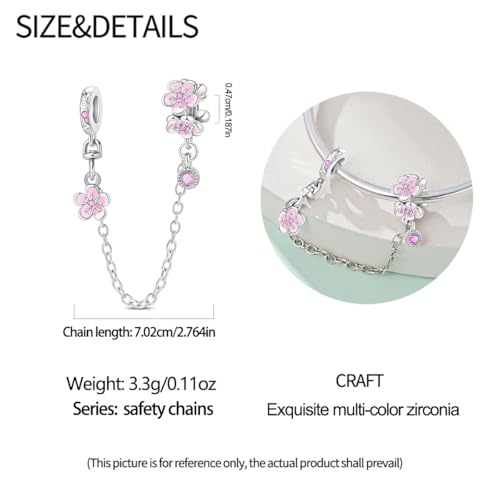 Charm for Bracelets and Necklaces Heart Cat Flower Boy 925 Sterling Silver Bead Birthday Jewelry Gift for Women - color: Cherry Blossom Safety Chain Charm