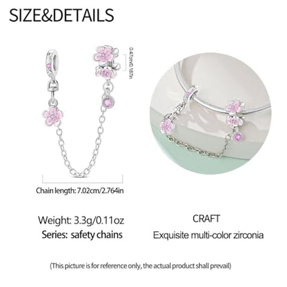 Charm for Bracelets and Necklaces Heart Cat Flower Boy 925 Sterling Silver Bead Birthday Jewelry Gift for Women - color: Cherry Blossom Safety Chain Charm
