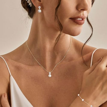 Jewelry Sets for Women,Dainty 14k Gold Plated Pearl Earrings Necklace Bracelet Fashion Silver Bridal Jewelry accessories SimpleWedding Jewelry Sets for Brides - color: silver1