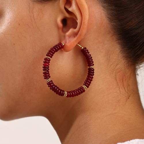 Wellike Beaded Hoop Earrings for Women Natural Stone Pink Gold Huggie Earrings Hypoallergenic Dainty Waterproof Trendy Jewelry - color: Burgundy, size: 55mm