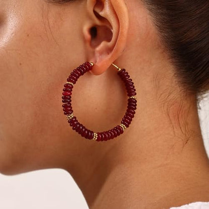 Wellike Beaded Hoop Earrings for Women Natural Stone Pink Gold Huggie Earrings Hypoallergenic Dainty Waterproof Trendy Jewelry - color: Burgundy, size: 55mm