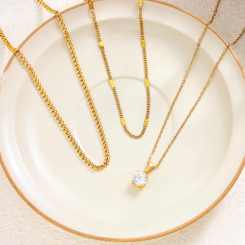 Layered Gold Necklaces for Women,18K Plated Gold Zirconia Necklace | Non Tarnish Trendy Jewelry Gift Cuban Chain Choker - color: color-3