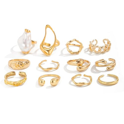 Gold Rings for Women Non Tarnish Boho Stackable Adjustable Open Rings Set Finger Knuckle Stacking Ring Packs Jewelry Gift - color: Gold Pearl Rings 12Pcs