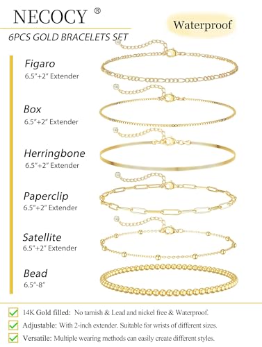 NECOCY Gold Bracelets Sets for Women Waterproof | Non Tarnish Gold Plated Cuban Paperclip Link Chain Stackable，Trendy Jewelry Accessories Gifts for Women - style: 6Pcs BRACELET SET-04