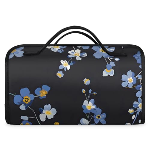 Blue Wildflowers Hanging Roll Up Cosmetic Bag with 4 Removable Storage Bags Waterproof Foldable Toiletry Kit for Women - color: Multicolor 9