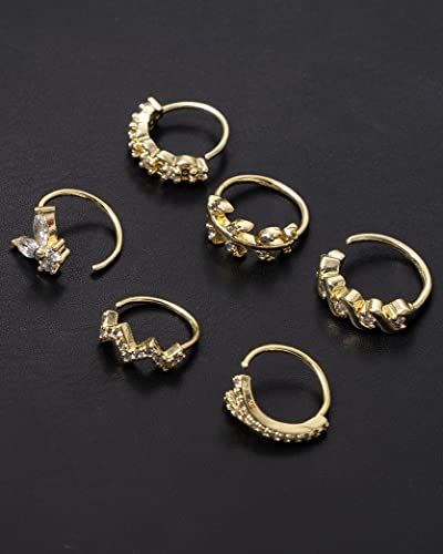 Akeoqi 12Pcs Nose Ring Hoop Cartilage Earring Cute Leaf Star CZ Butterfly Paved Nose Piercing Jewelry for Women men Silver Gold Plated 20G - color: B:Gold2