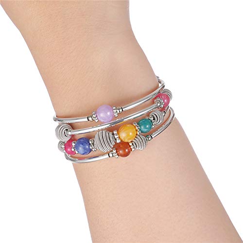 PEARL&CLUB Beaded Chakra Bangle Turquoise Bracelet - Fashion Jewelry Wrap Bracelet with Thick Silver Metal and Mala Beads, Birthday Gifts For Women - color: Colorful