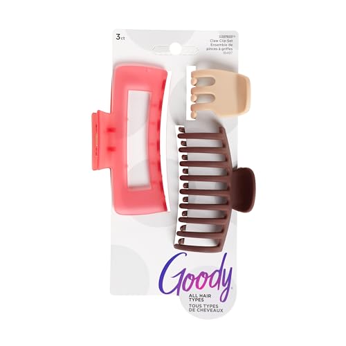 Goody SlideProof Rectangular Claw Clips - 3 Ct (1 Small + 2 Large), Warm Tones, Secure Grip Hair Styling Accessories for Women & Men, All Hair Types - color: Pink/Cream/Brown (Rectangle Claw), size: 3 Count (Pack of 1)