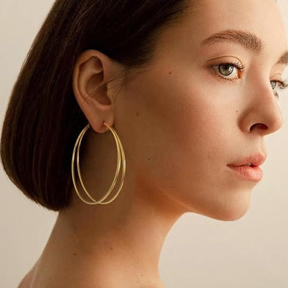 Large Thin Double Hoop Earrings for Women Lightweight Hypoallergenic 925 Sterling Silver Post 14K Gold Hoops Non Tarnish Sturdy Big Thin Double Layered Hoop Earrings 30/40/50/60mm - color: Gold, size: 60mm