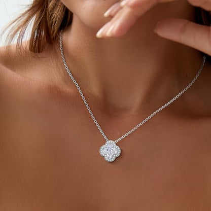 14K Gold Plated | 14K Platinum Plated Necklace for Women Necklace Earrings Set with Sparkling Zircon Inlay and Silver Post Earrings - color: Simple smooth clover flower set silver