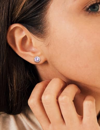 Dainty Birthstone Earrings for Women Sterling Silver Small Stud Earrings with Halo Cushion/Round Created Gemstone Earrings Birthstone Jewelry - style: B 06. Jun./created alexandrite-round cut