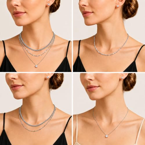 14K Gold Plated Necklace and Earrings Set for Women, 4-Piece | Layered Choker Necklace with CZ Stud Earrings, Gold Jewelry Set, Hypoallergenic Jewelry Gift for Women - color: Silver