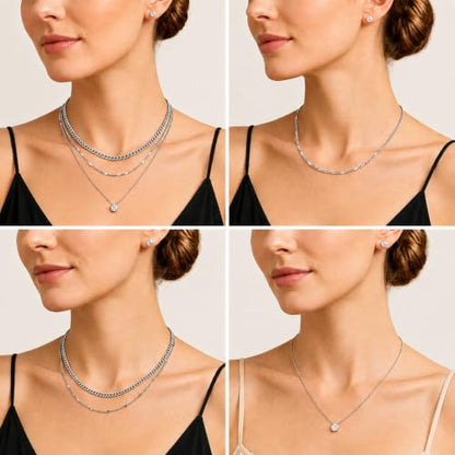 14K Gold Plated Necklace and Earrings Set for Women, 4-Piece | Layered Choker Necklace with CZ Stud Earrings, Gold Jewelry Set, Hypoallergenic Jewelry Gift for Women - color: Silver