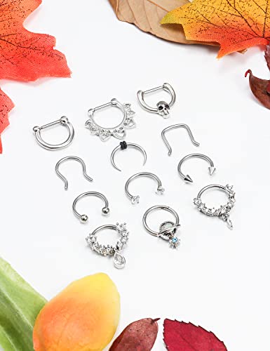 Vsnnsns 16G Septum Rings Piercing Jewelry 316L Stainless Surgical Steel Skull Flower Dangle Clicker Horseshoe Septum Nose Rings Hoop Piercing Jewelry for Women Men Silver Black Rose Gold 10mm - color: Silver Tone