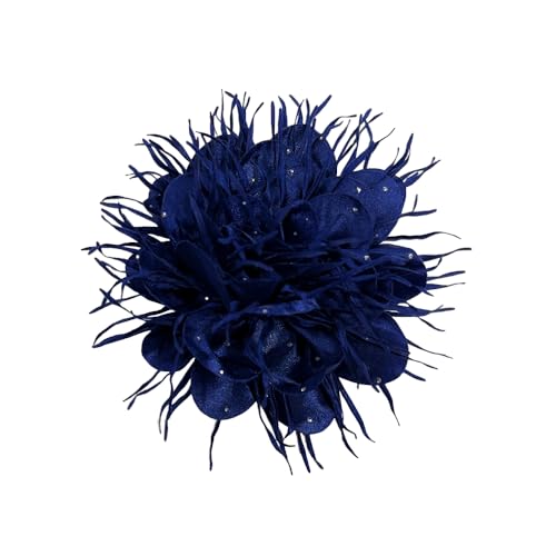 Dtja 4" Dainty Spiky Fabric Flower Brooch Pin for Women Elegant Crystal Colorful Pom-Pom Fluffy Floral Peony Corsage Brooches Lapel Hair Pins Fashion Party Dress Accessories Jewelry - color: Navy