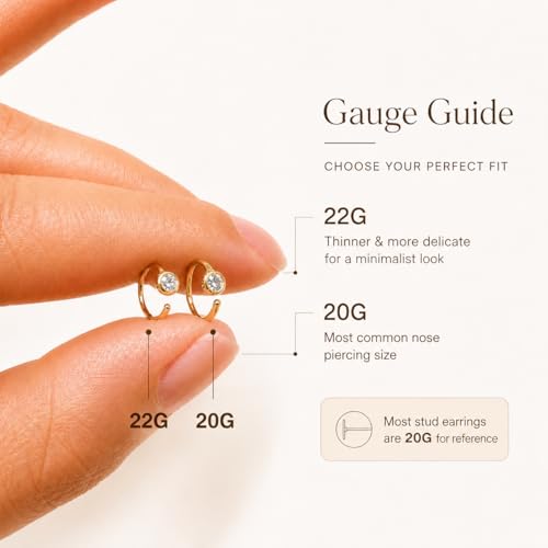 LUCKYJEWUS 14K Gold Plated 925 Sterling Silver CZ Diamond Nose Ring Hoop for Women -Dainty Small Thin Nose Piercing Jewelry with Tiny CZ Stud, 20G/22G, 6mm/7mm/8mm - size: 1pc - 8mm 20 gauge