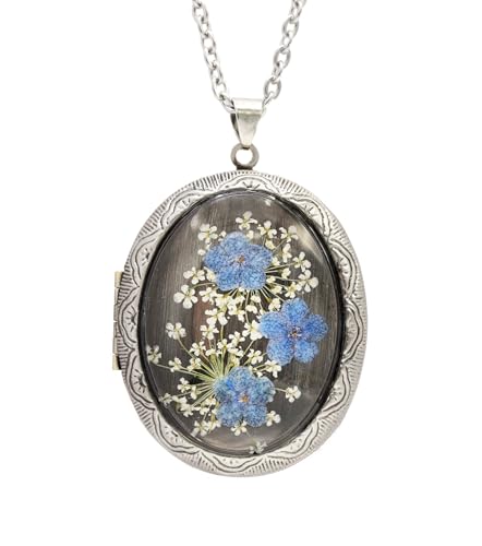 Handmade Oval Shaped Photo Locket with dried Pressed Flowers Locket pendant Necklace - style: OvalForgetMeNot-Silver