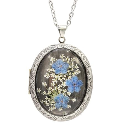 Handmade Oval Shaped Photo Locket with dried Pressed Flowers Locket pendant Necklace - style: OvalForgetMeNot-Silver