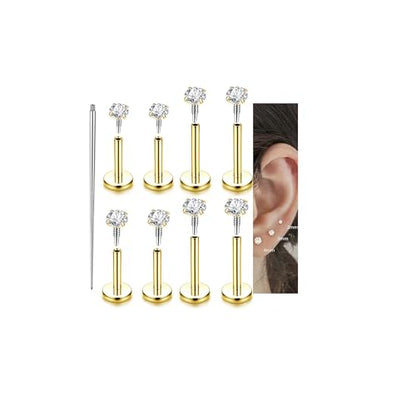 Incaton 18G Hypoallergenic Flat Back Stud Earrings, 316L Surgical Steel Internal Thread CZ Stud for Helix Tragus Cartilage Conch Nose Lip Rings Labret Piercing Jewelry For Women Gold/Silver Pack - color: GOLD