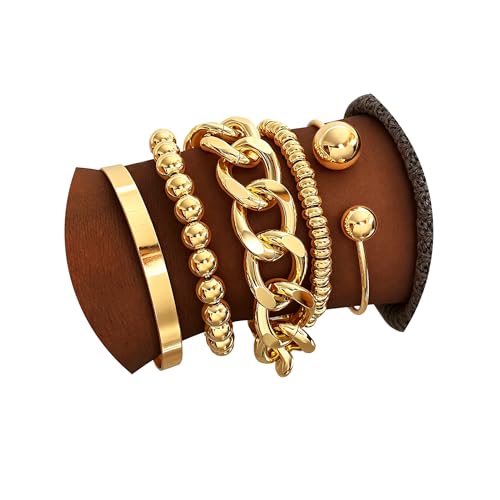 Golden Bangle Bracelets Set for Women, 14k Gold-Plated Multi Layer Stackable Cuff Bracelets, Personalized Boho Non Tarnish Adjustable Bangle Jewelry Gift for Her - color: 5PCS Golden Cuban Link Chain