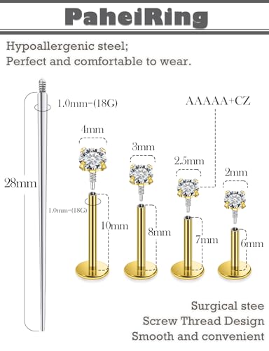 18G surgical steel Labret Studs, 6/7/8/10mm Internal Thread Long CZ Lip Piercing Jewelry (10PCS) with Tool