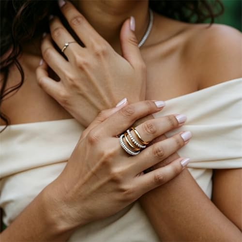 Stackable Gold Rings for Women Wavy Band Mixed Metals Dainty 14K Gold Plated Cubic Zirconia Wedding Ring Set Minimalist Promise Engagement Eternity Ring Stack Jewelry Size 5-11