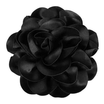 Black Extra Large Flower Brooches Lapel Pins 17.5mm Handmade Dainty Satin Fabric Rose Big Camellia Flower Brooch Pin for Women Christmas Wedding Bridal Birthday Dance Clothes Accessories Jewelry
