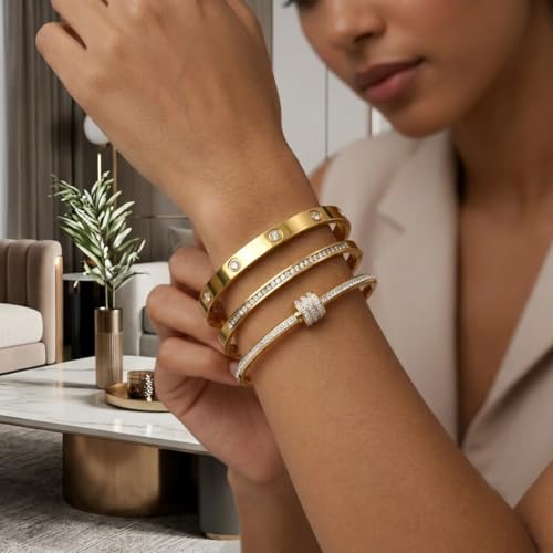Gold Bangle Bracelets for Women, 18K Gold Plated Stainless Steel Stackable Bangles, Non-Tarnish Trendy Jewelry, Ideal Gift for Birthday Anniversary - color: Gold-2