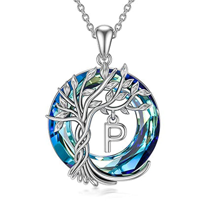 TOUPOP Gifts for Women Tree of Life Initial Necklace 925 Sterling Silver Letter Pendant with Blue Crystal Birthday Jewelry Gifts for Women Her Mom Wife Daughter - color: Tree of Life P Initial