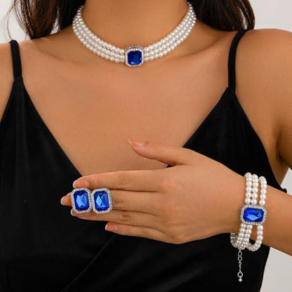 Wekicic Faux Pearl Necklace Earrings Set for Women Crystal Pearl Choker Necklace Bracelet Set 1920s Jewelry for Wedding Party - color: Blue