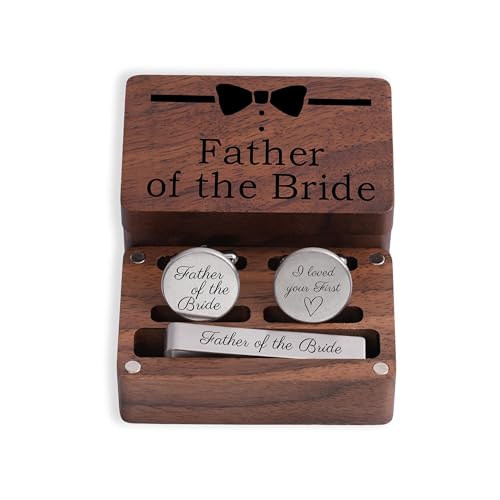 Father of the Bride Gift Set, Wooden Box with Cufflinks and Tie Clip, Bow Tie Design, Wedding Keepsake - color: C1
