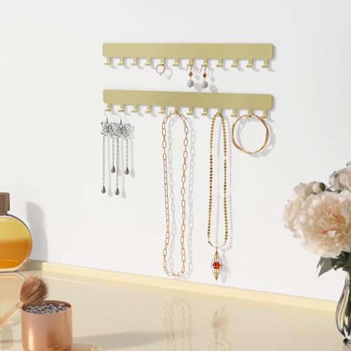 Necklace Holder Wall Mounted,Self Adhesive Jewelry Organizer,2 Pack,Gold | Modern Design,24 Hooks,Self Adhesive No Drilling,Durable 304 Stainless Steel,for bedroom/closet/bathroom/vanity - color: Gold - Brushed