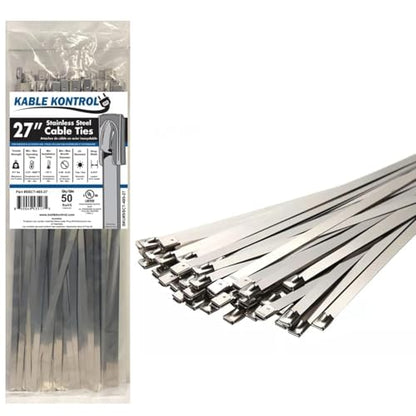 Kable Kontrol Stainless Steel Metal Zip Ties 27 Inch 50 Pcs HD 485Lbs Test | Heavy Duty Steel Cable Ties, Self-locking, Multi-Purpose, Outdoor and Indoor Use, High Temperature, Corrosion Resistant - size: 27" - 485 Lbs - 50 Pcs