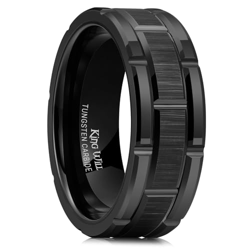 King Will Classic Mens 、Tungsten Carbide Rings Brick Pattern Groove Center | Silver/Black/Gold/Rose Gold, 8mm, Grooved, Comfort Fit, Brick pattern, Everyday Wear - color: A-Black